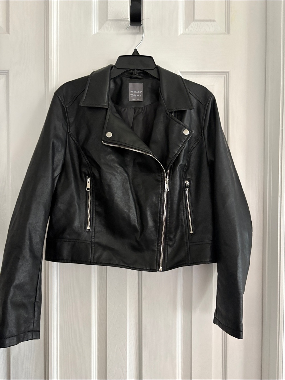 Primark Black Faux Leather Moto biker Jacket Letterman style “McQueen” Womens 10